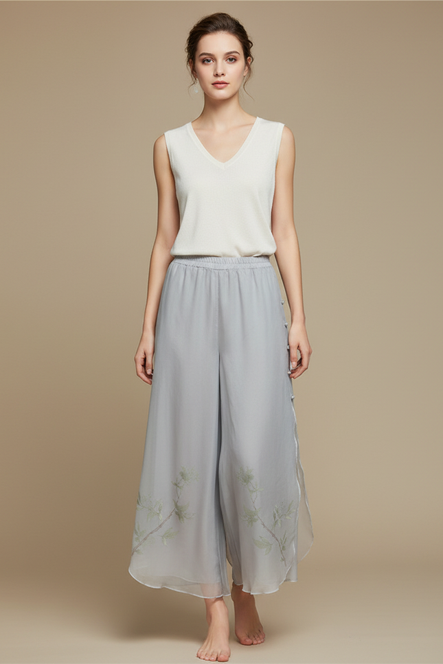 Pantalon Chinois Gris Fluide Brodé Transparent Femme - Soie