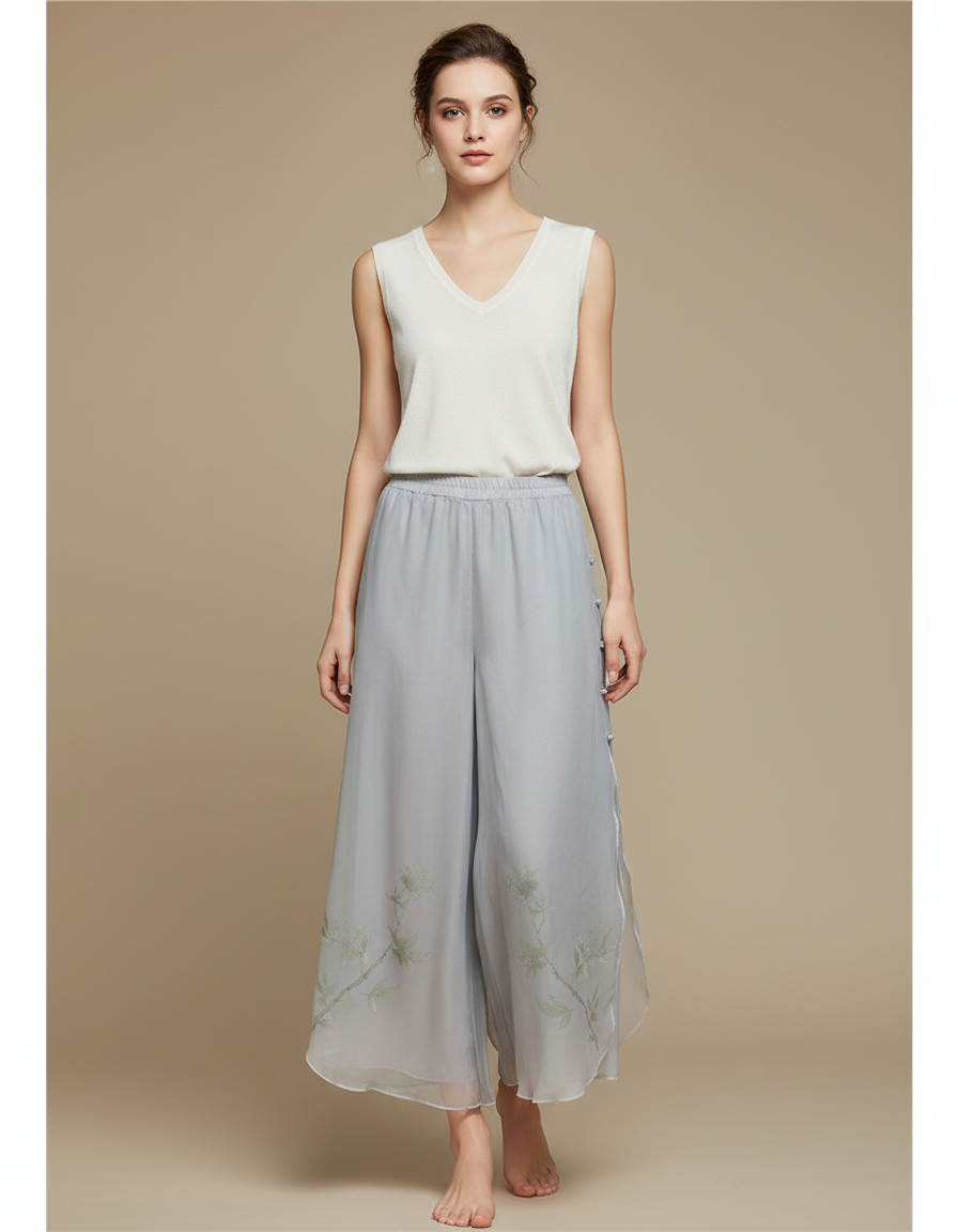 Pantalon Chinois Gris Fluide Brodé Transparent Femme - Soie