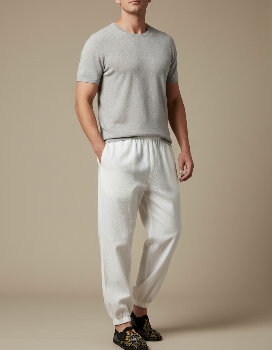 Pantalon Chinois Blanc Ample Lin Coton Décontracté