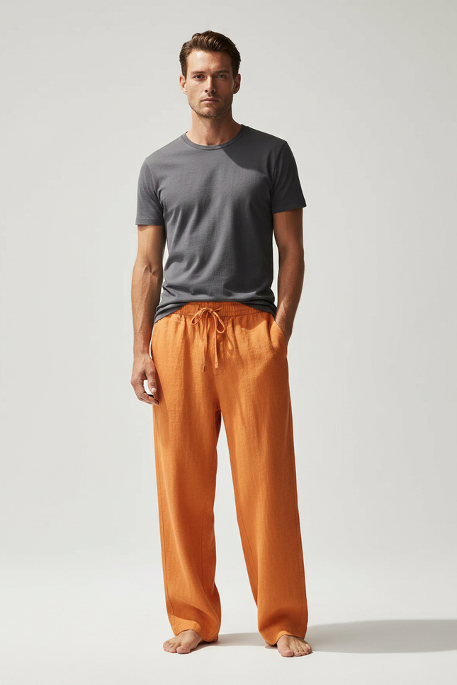 Pantalon Chinois Lin Orange Ample Décontracté Homme