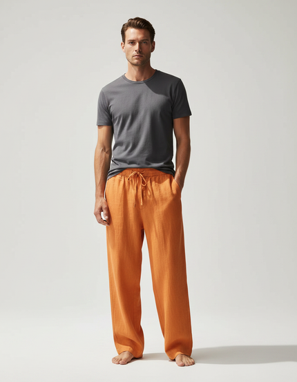 Pantalon Chinois Lin Orange Ample Décontracté Homme