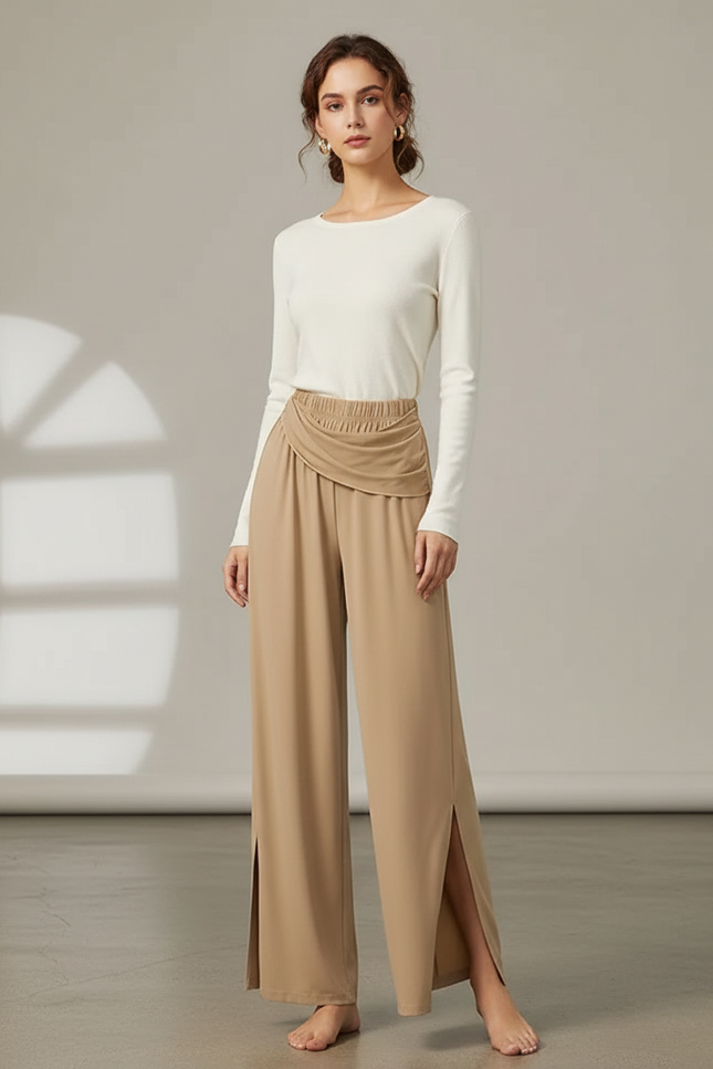 Pantalon Chinois Beige Fluide Fendu Femme - Viscose
