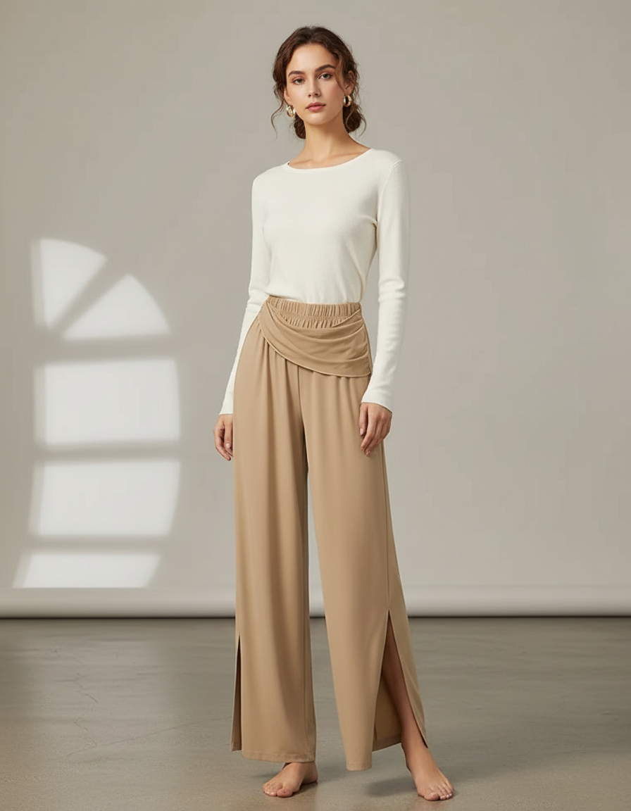 Pantalon Chinois Beige Fluide Fendu Femme - Viscose