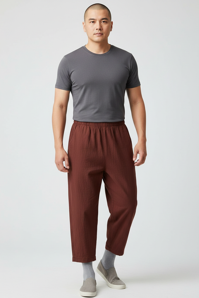 Pantalon Chinois Marron Ample Lin Décontracté Homme Léger