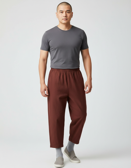 Pantalon Chinois Marron Ample Lin Décontracté Homme Léger