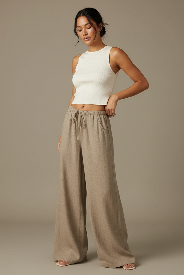 Pantalon Chinois Beige Ample Fluide Décontracté Lin