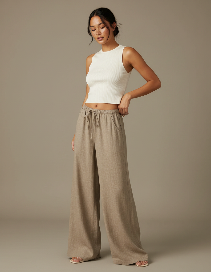 Pantalon Chinois Beige Ample Fluide Décontracté Lin