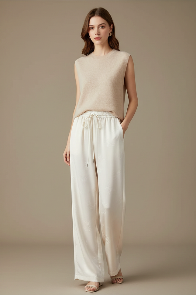 Pantalon Chinois Écru Satin Jacquard Ample Élégant Femme - Blanc