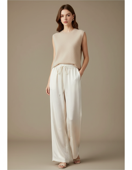 Pantalon Chinois Écru Satin Jacquard Ample Élégant Femme - Blanc