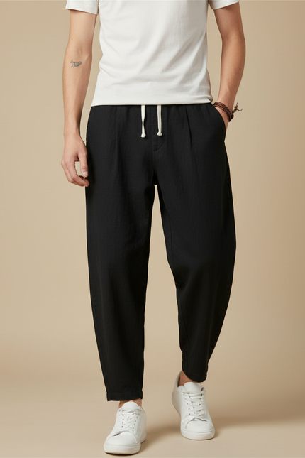 Pantalon Chinois Noir Lin Ample Décontracté