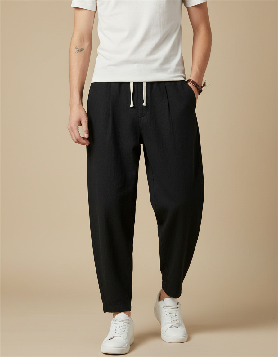 Pantalon Chinois Noir Lin Ample Décontracté
