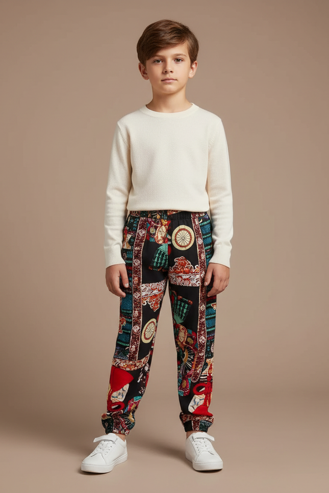 Pantalon Chinois Noir Imprimé Soyeux Ample Enfant - Soie