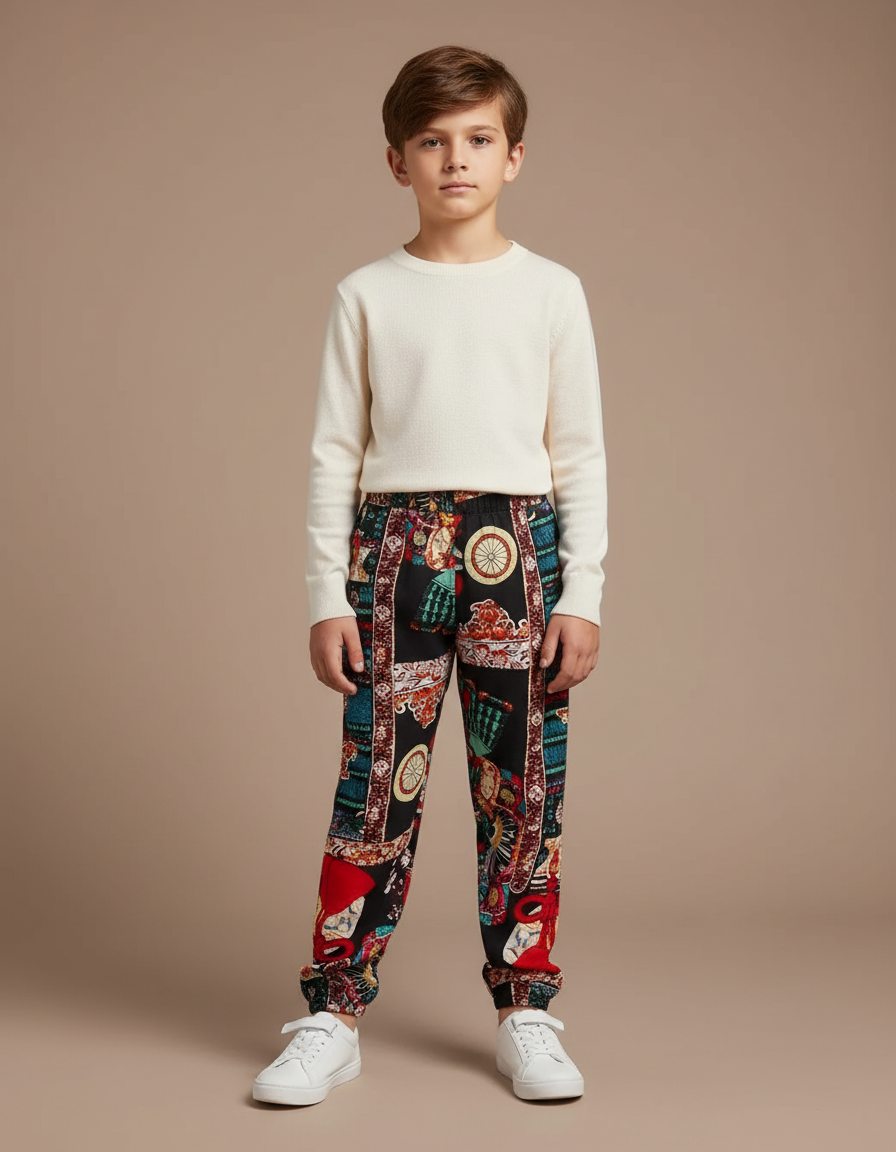 Pantalon Chinois Noir Imprimé Soyeux Ample Enfant - Soie
