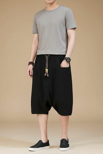 Pantalon Chinois Noir Coton Lin Ample Harem Homme