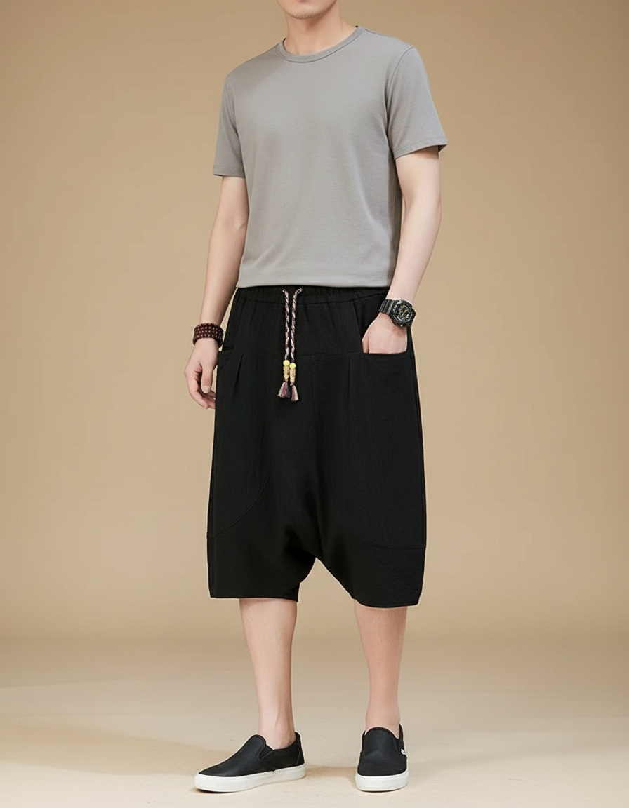 Pantalon Chinois Noir Coton Lin Ample Harem Homme