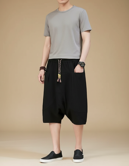 Pantalon Chinois Noir Coton Lin Ample Harem Homme