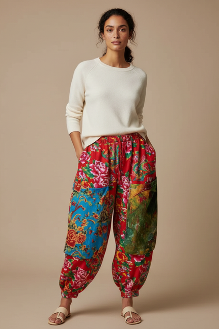 Pantalon Chinois Rouge Floral Ample Patchwork Coton - Multicolore