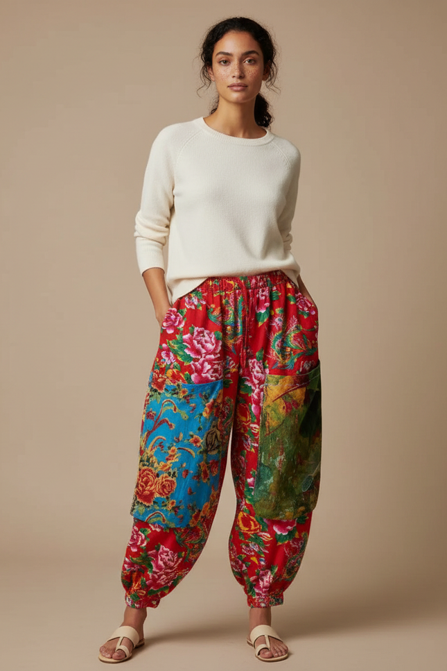 Pantalon Chinois Rouge Floral Ample Patchwork Coton - Multicolore