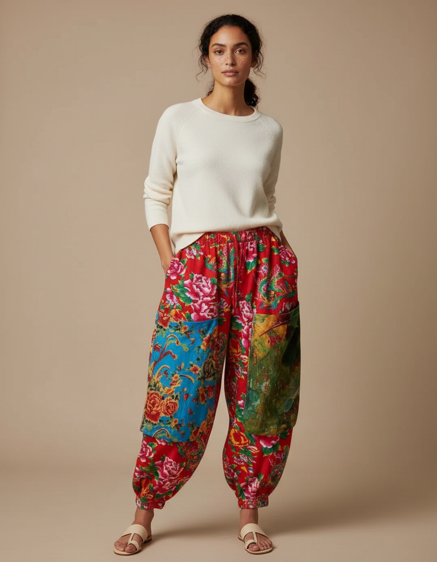 Pantalon Chinois Rouge Floral Ample Patchwork Coton - Multicolore