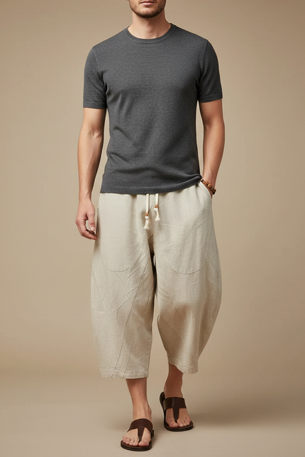Pantalon Chinois Lin Ample Cordon Beige Décontracté