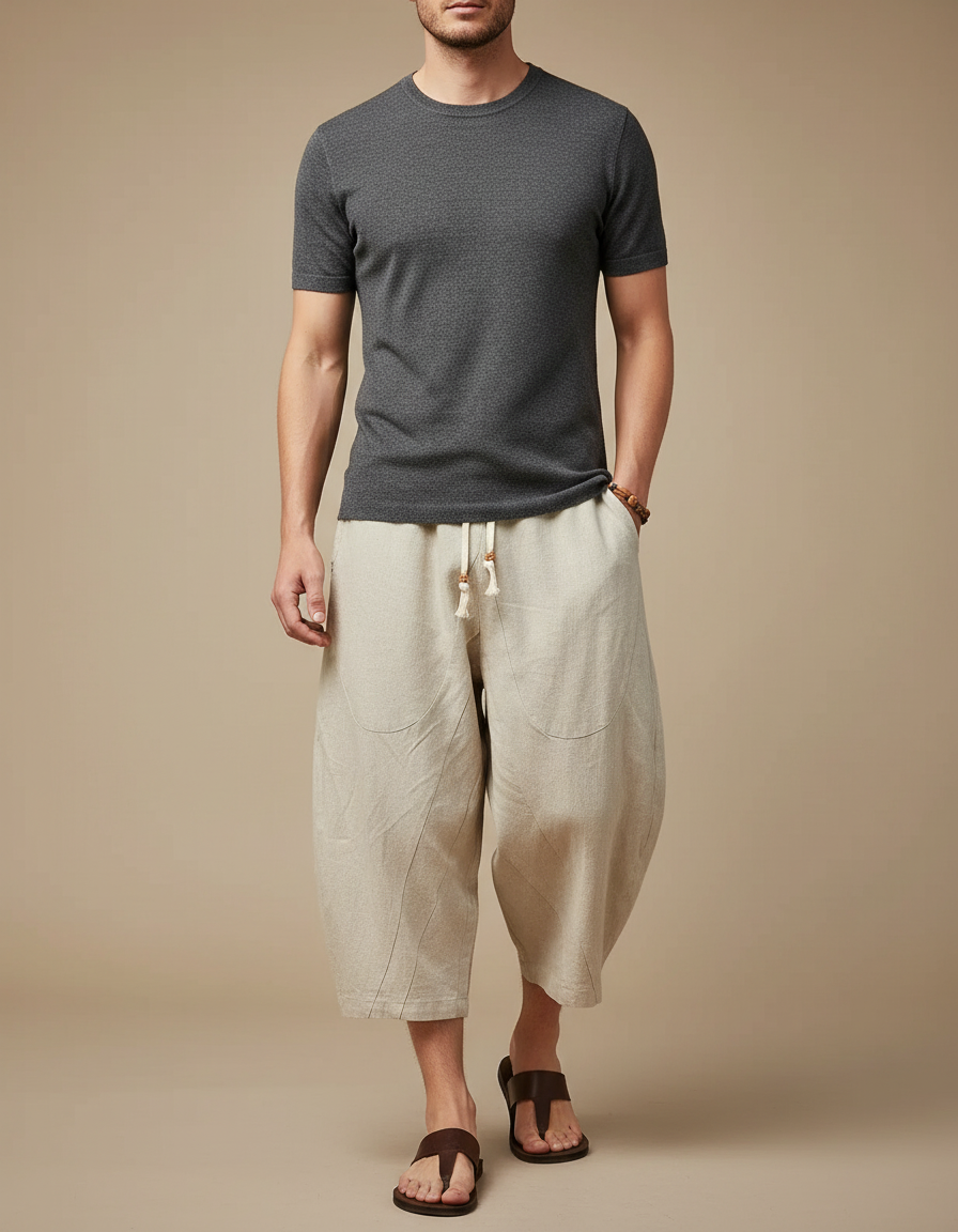 Pantalon Chinois Lin Ample Cordon Beige Décontracté