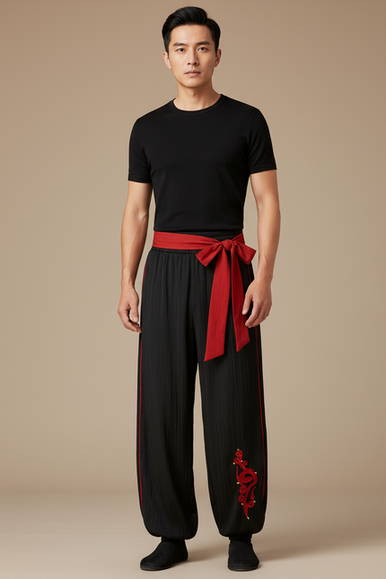 Pantalon Chinois Noir Ample Brodé Dragon Rouge - Coton