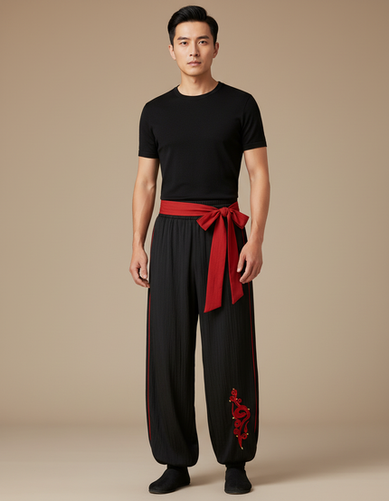 Pantalon Chinois Noir Ample Brodé Dragon Rouge - Coton