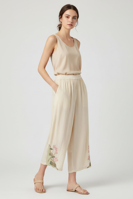 Pantalon Chinois Écru Brodé Floral Ample Femme - Beige Lin