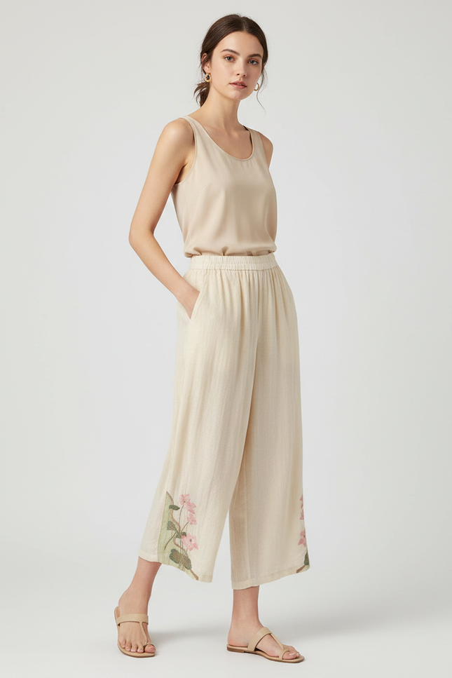 Pantalon Chinois Écru Brodé Floral Ample Femme - Beige Lin