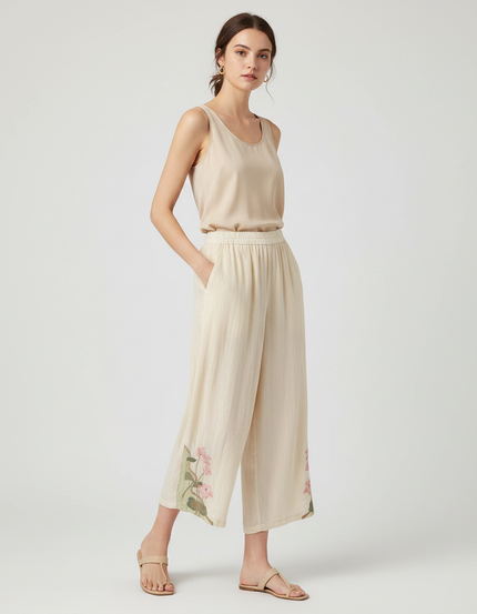 Pantalon Chinois Écru Brodé Floral Ample Femme - Beige Lin