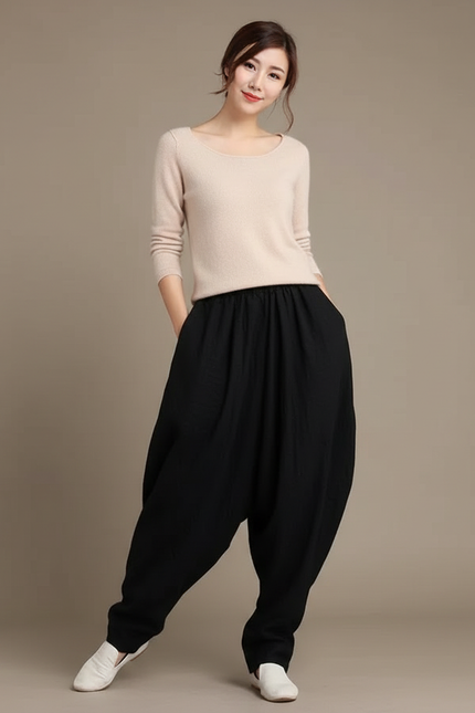Pantalon Chinois Noir Ample Coton Lin Harem