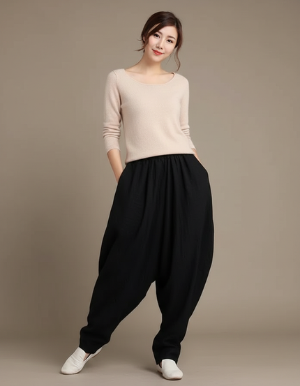 Pantalon Chinois Noir Ample Coton Lin Harem