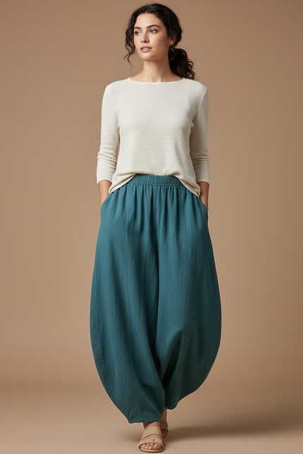 Pantalon Chinois Écru Lin Ample Décontracté Femme - Vert