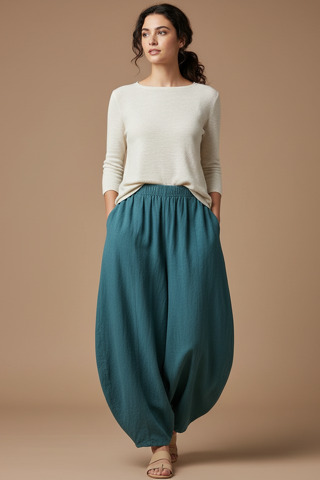 Pantalon Chinois Écru Lin Ample Décontracté Femme - Vert