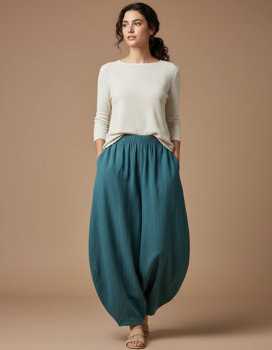 Pantalon Chinois Écru Lin Ample Décontracté Femme - Vert