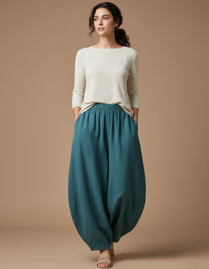 Pantalon Chinois Écru Lin Ample Décontracté Femme - Vert