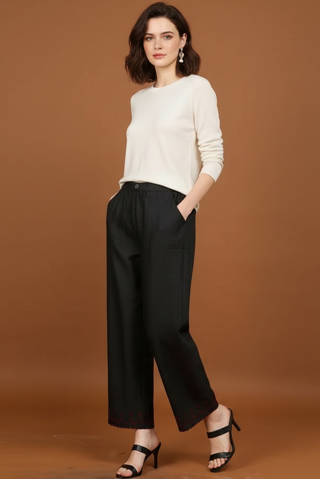 Pantalon Chinois Noir Brodé Fluide Femme Élégant - Viscose