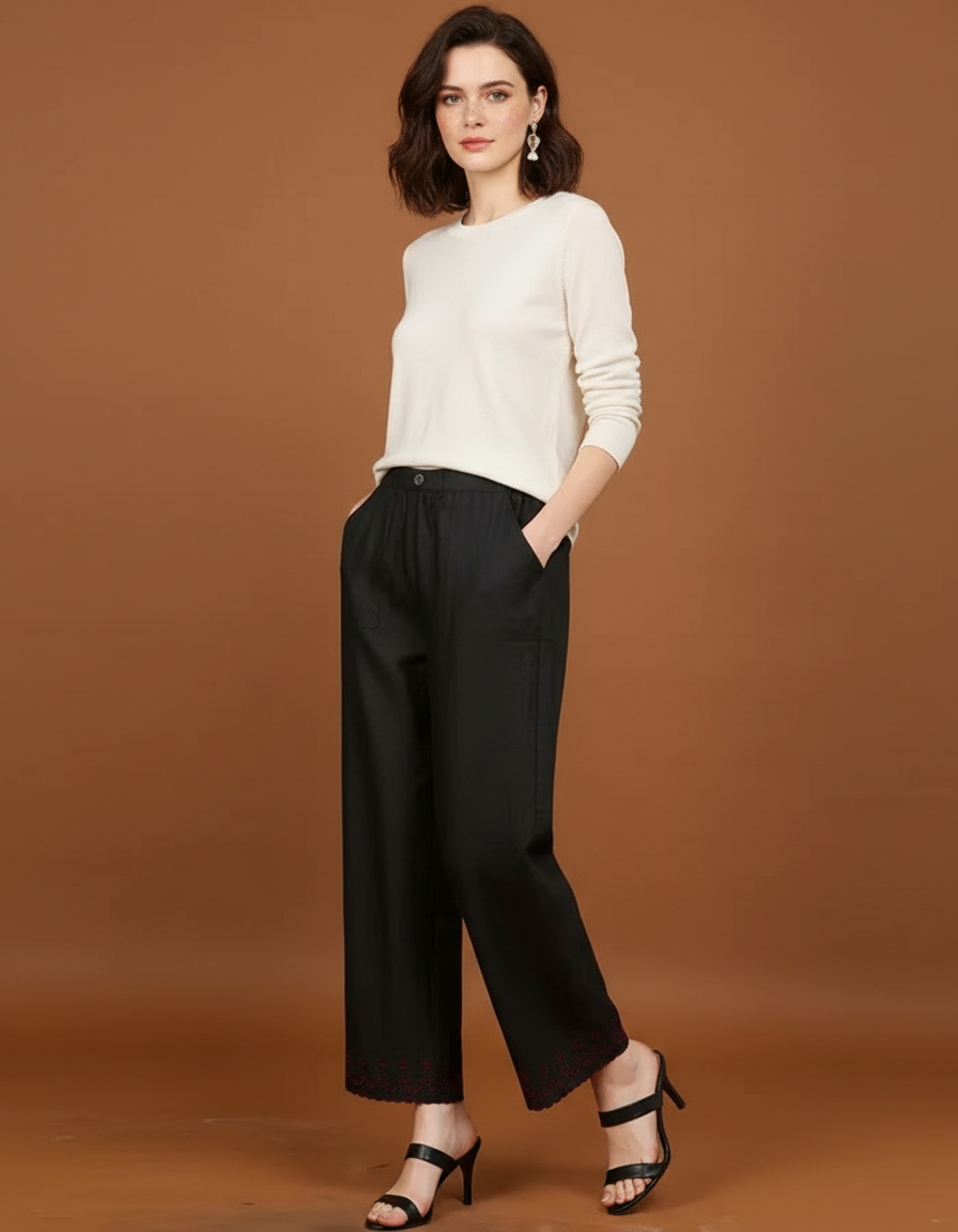 Pantalon Chinois Noir Brodé Fluide Femme Élégant - Viscose