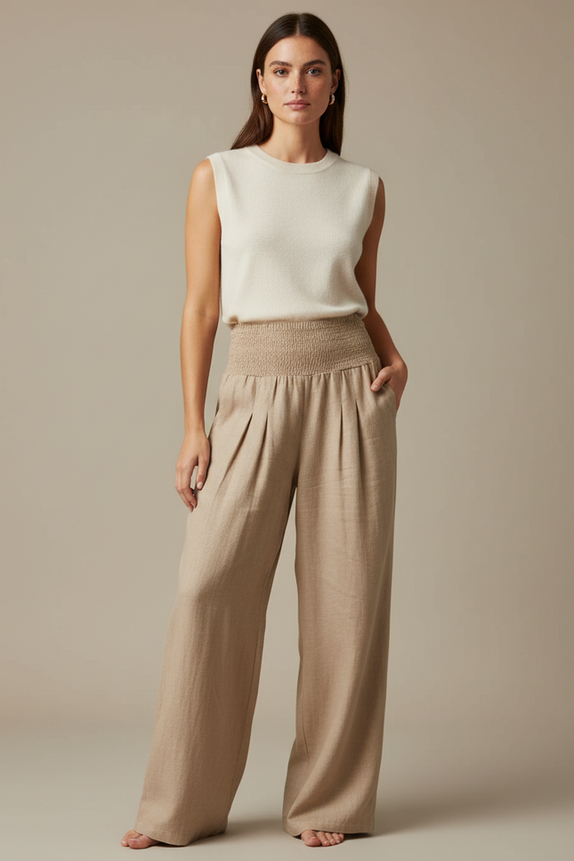 Pantalon Chinois Beige Lin Ample Plissé Confortable