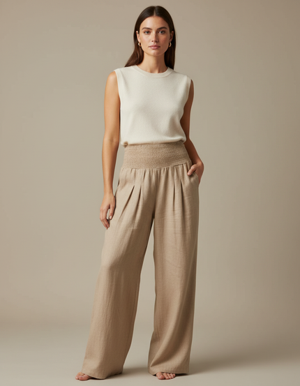Pantalon Chinois Beige Lin Ample Plissé Confortable
