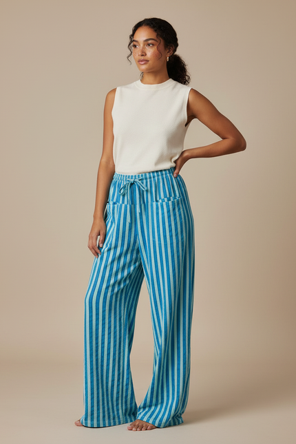 Pantalon Chinois Rayé Bleu Ample Fluide Cordon - Maille
