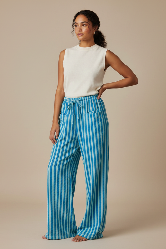 Pantalon Chinois Rayé Bleu Ample Fluide Cordon - Maille