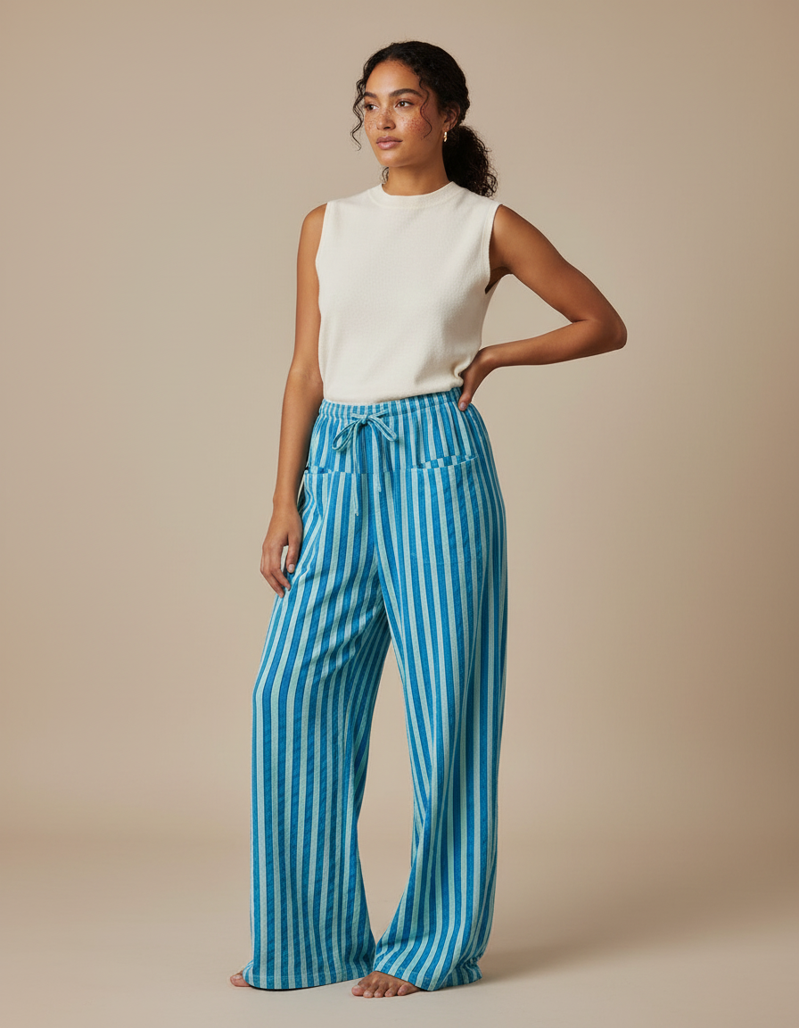 Pantalon Chinois Rayé Bleu Ample Fluide Cordon - Maille