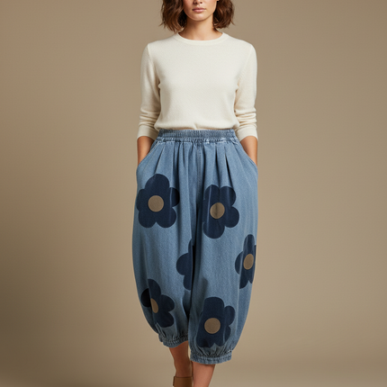 Pantalon Chinois Denim Fleuri Ample Bouffant Femme - Bleu Jean