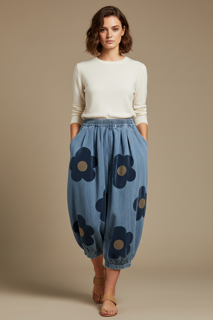 Pantalon Chinois Denim Fleuri Ample Bouffant Femme - Bleu Jean