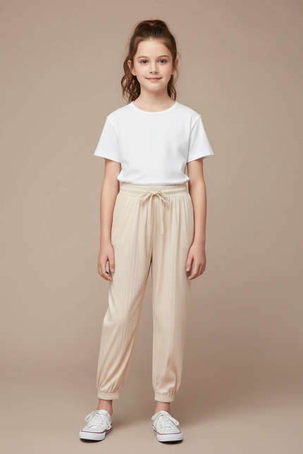 Pantalon Chinois Beige Côtelé Fluide Ample Décontracté - Viscose