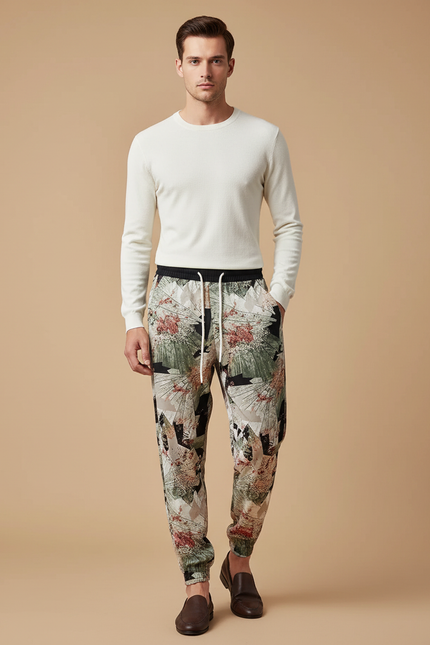 Pantalon Chinois Imprimé Floral Vert Décontracté Homme - Viscose