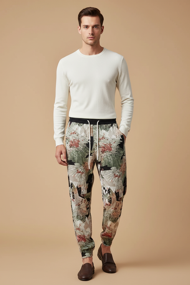 Pantalon Chinois Imprimé Floral Vert Décontracté Homme - Viscose