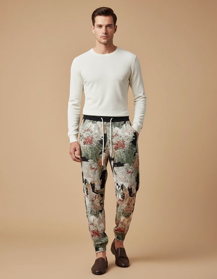 Pantalon Chinois Imprimé Floral Vert Décontracté Homme - Viscose