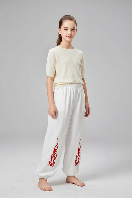 Pantalon Chinois Blanc Ample Flammes Rouges Enfant - Molleton